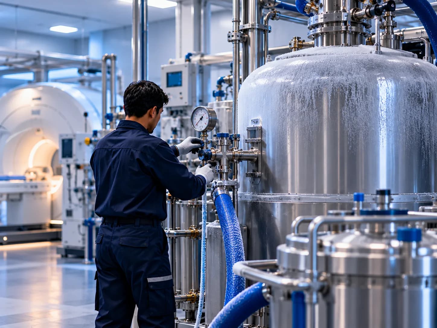 Engineer adjusting valves on a large cryogenic vessel