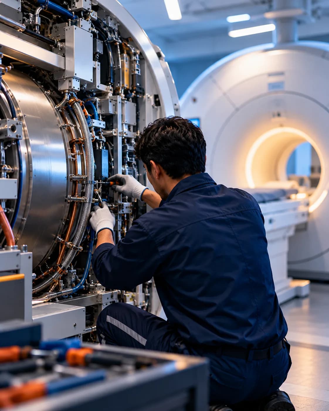 Engineer working inside an open MRI magnet housing