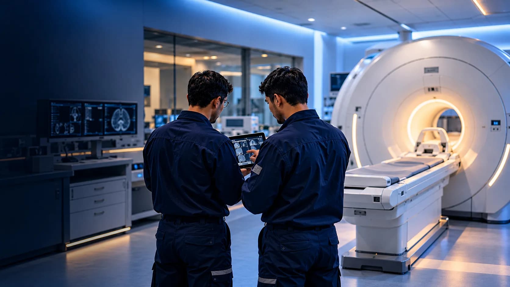 Two engineers reviewing a tablet beside an MRI scanner