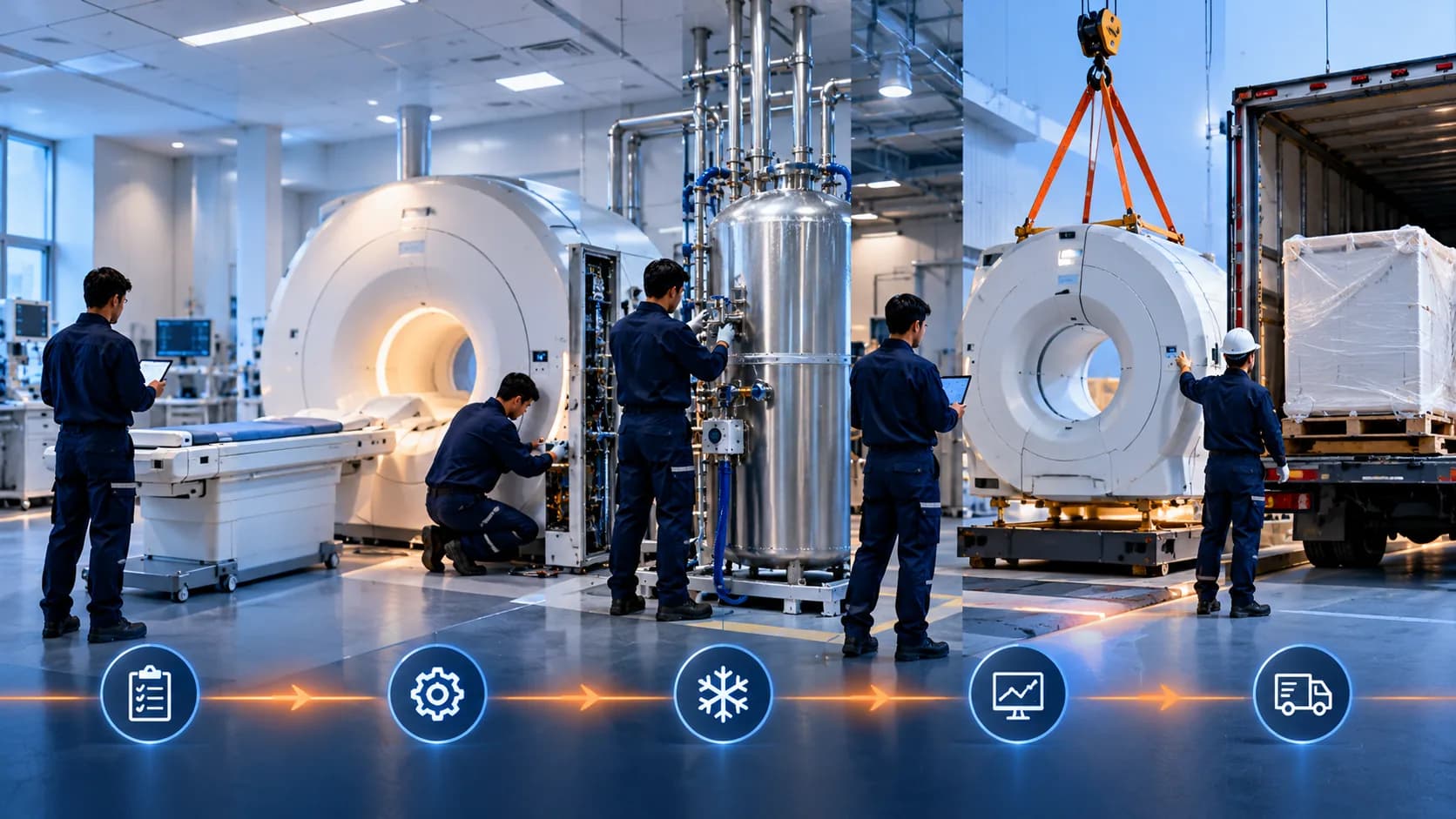 Engineers working on MRI equipment from installation to transport