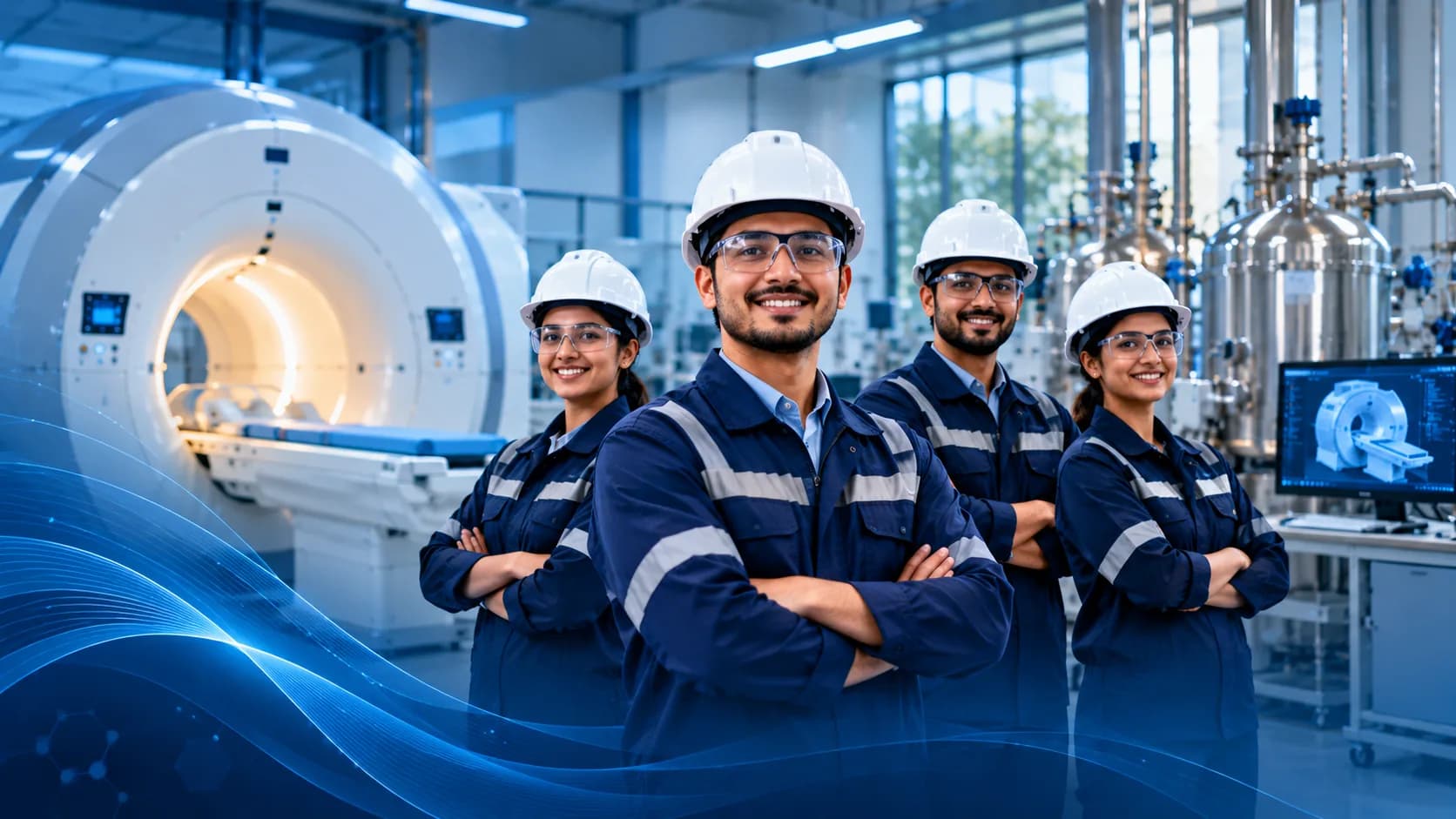 Engineering team in hard hats in an imaging equipment facility