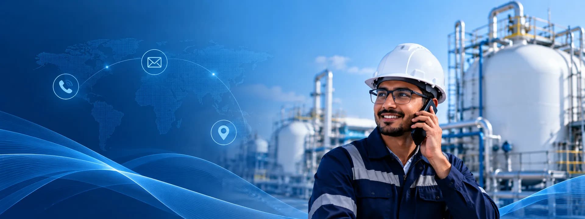 Engineer in a hard hat on a phone call at a cryogenic facility