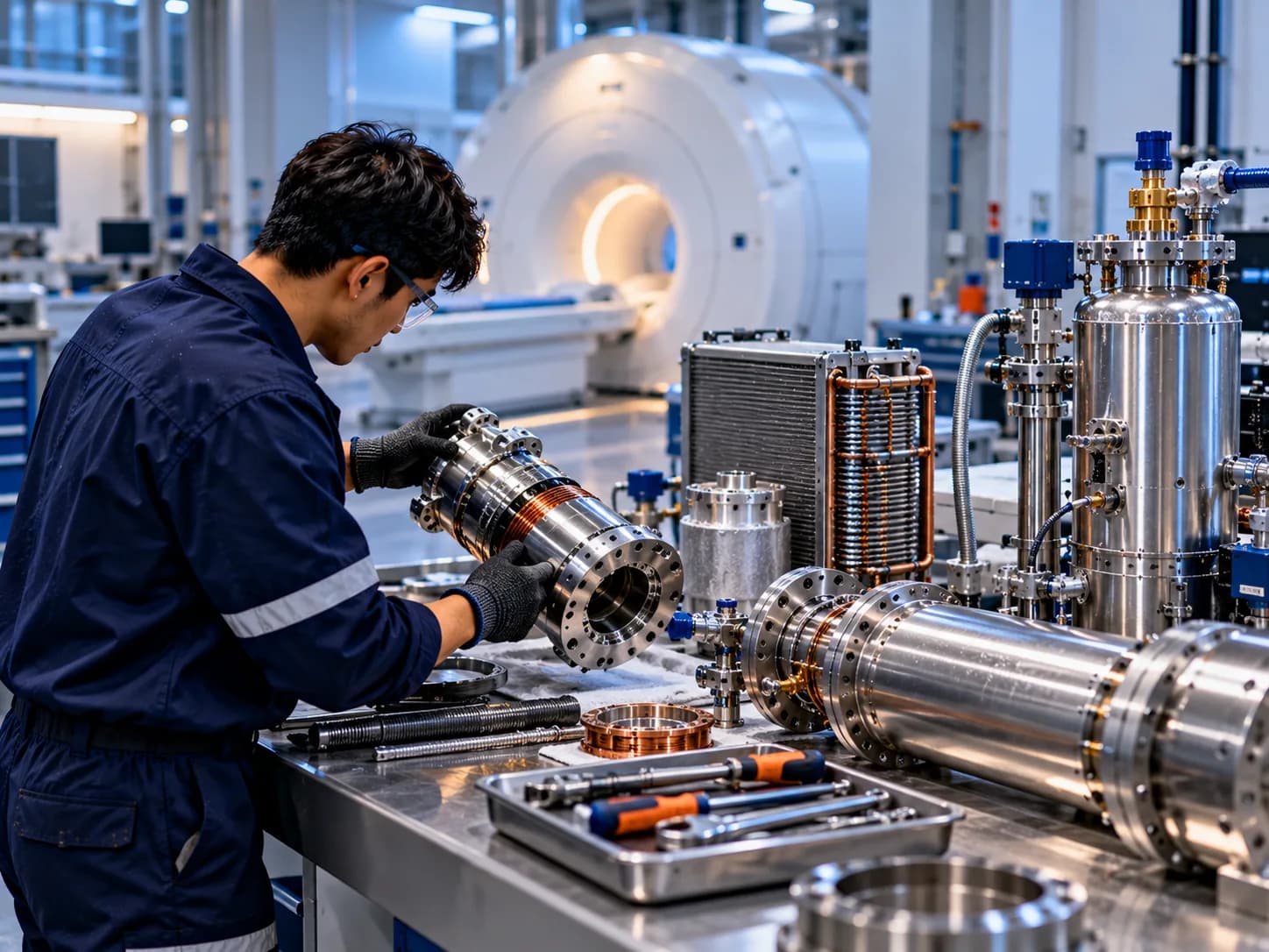 Engineer servicing cryogenic cooling components