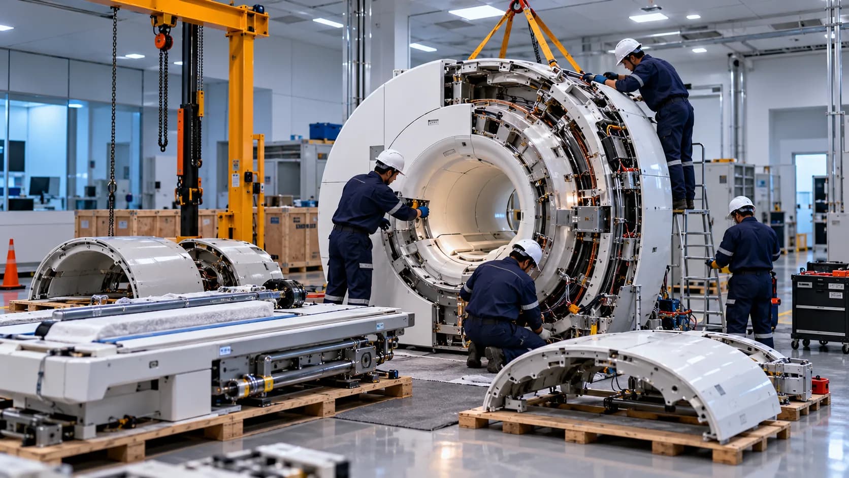 MRI scanner being dismantled by engineers
