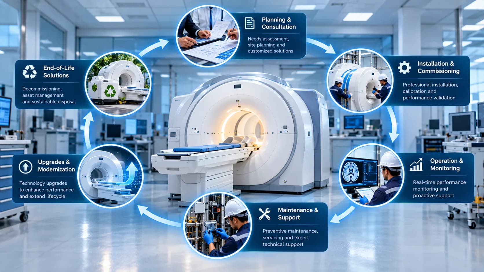 MRI scanner shown with the stages of the equipment lifecycle