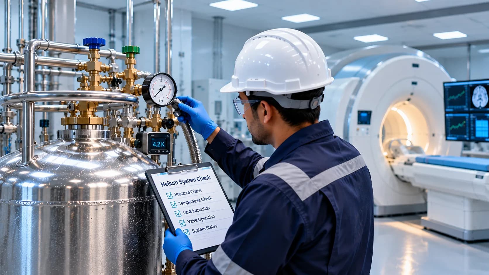 Engineer completing a helium system checklist beside a dewar
