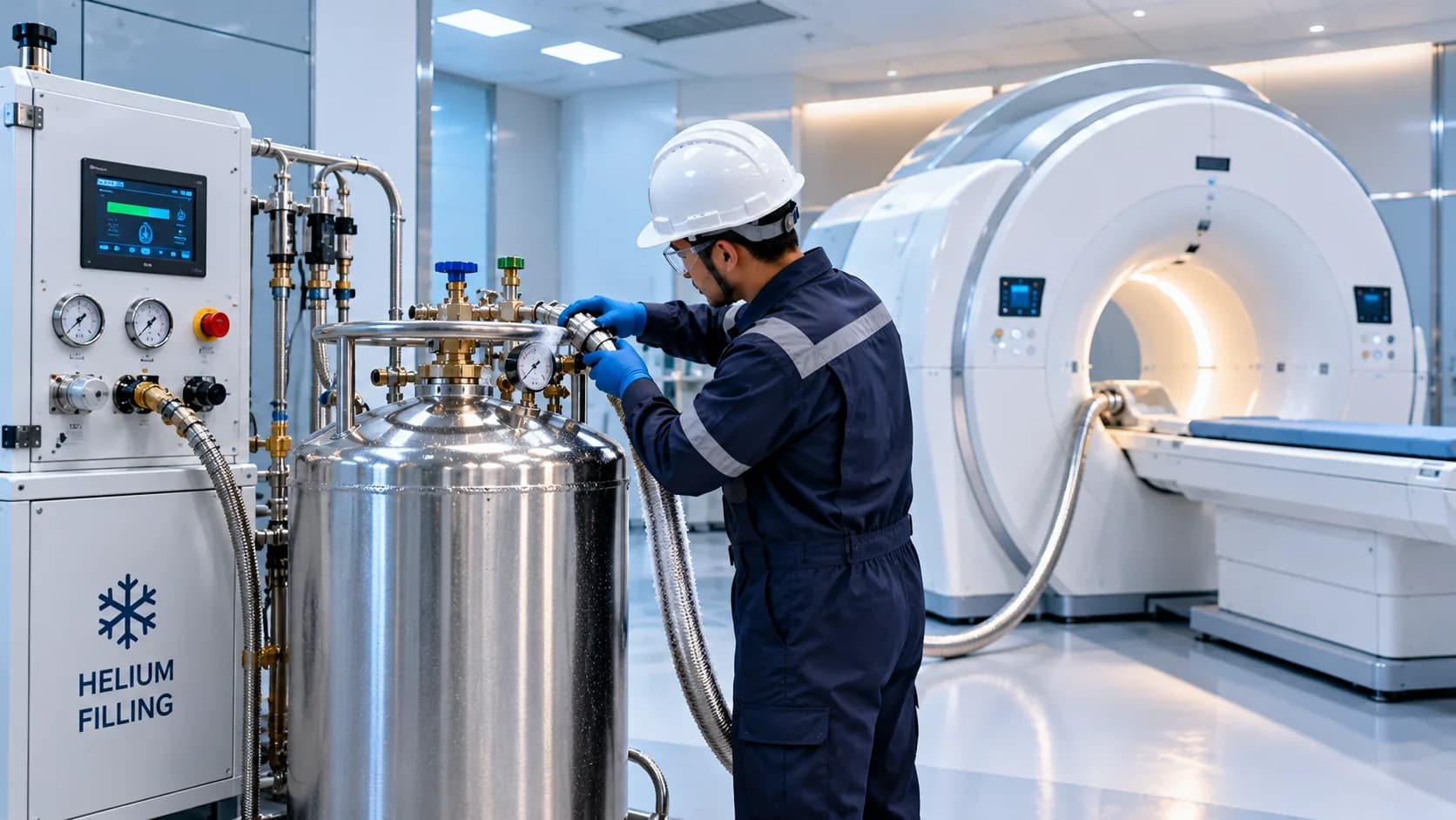 Engineer connecting a liquid helium dewar to an MRI system