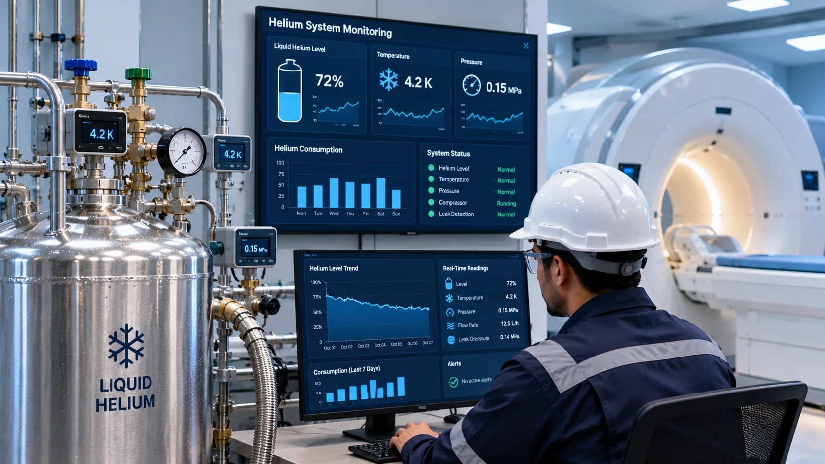 Engineer monitoring helium level and temperature on screens