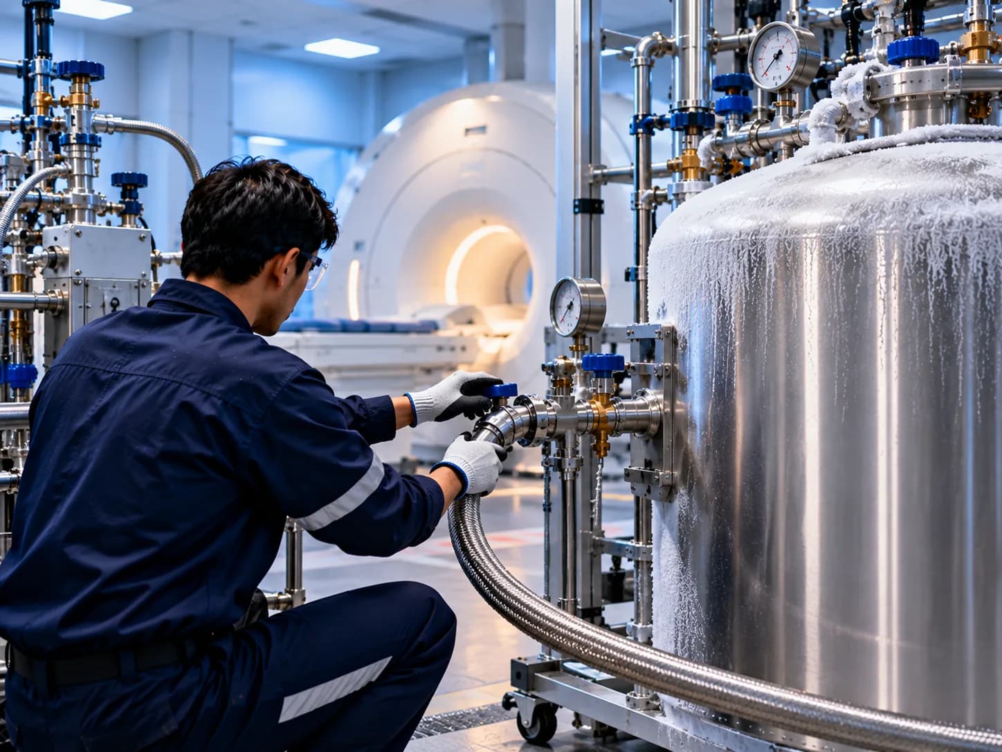 Engineer connecting a transfer line to a frosted helium vessel