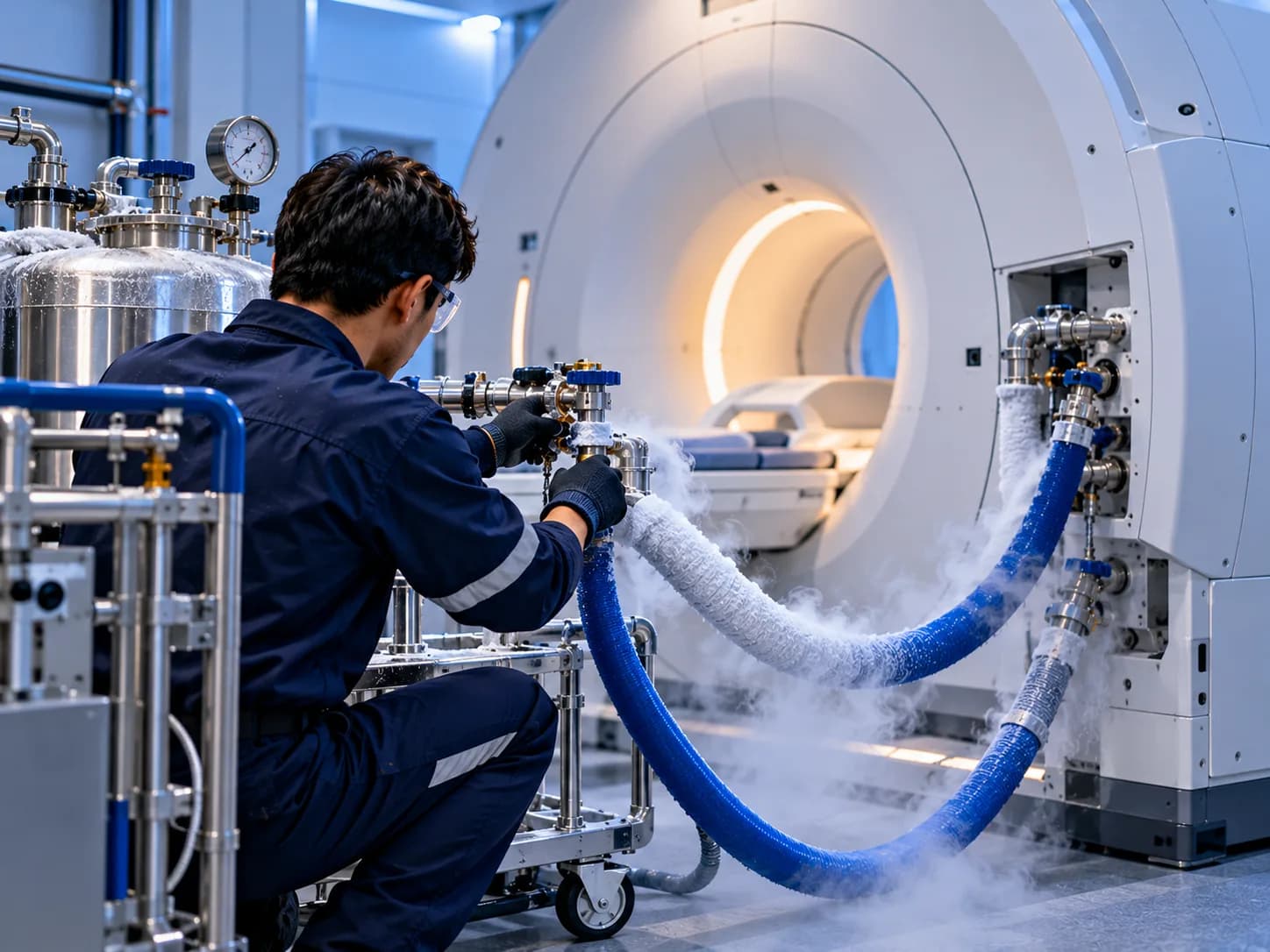 Engineer running cryogenic lines into an MRI magnet for pre-cooling