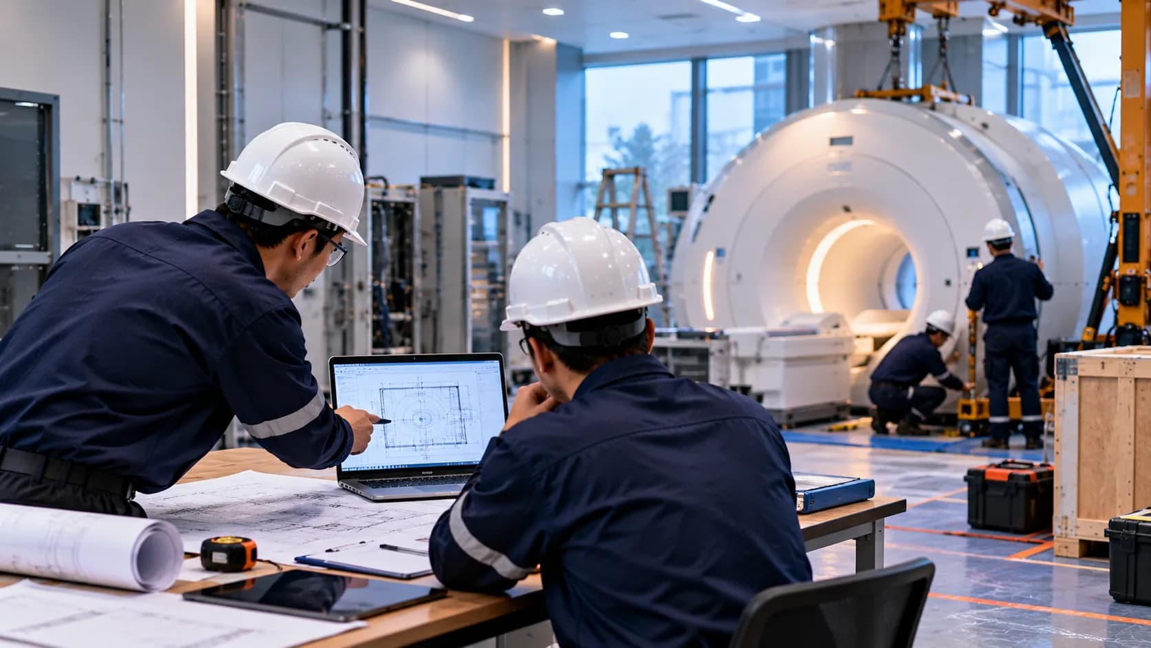 Engineers planning an MRI installation on a laptop