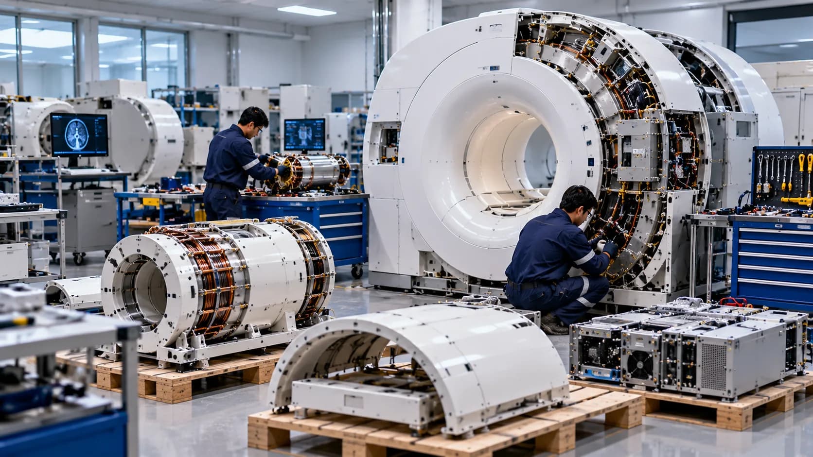 Engineers refurbishing MRI magnets in a workshop