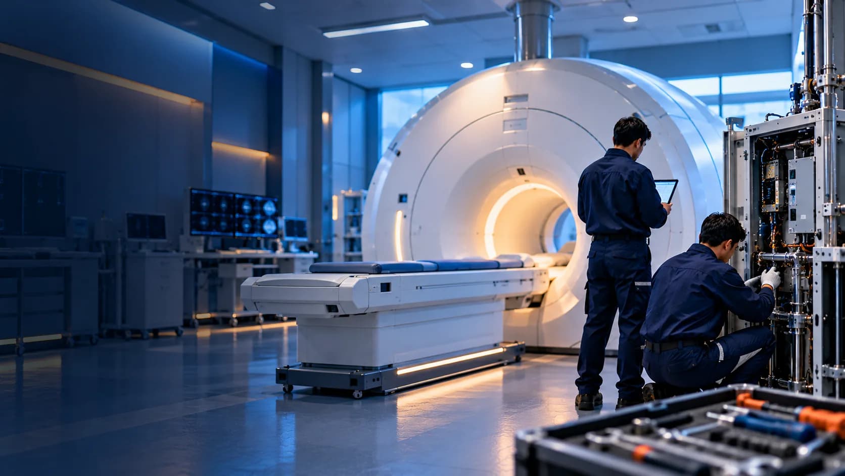 Two engineers servicing an MRI scanner