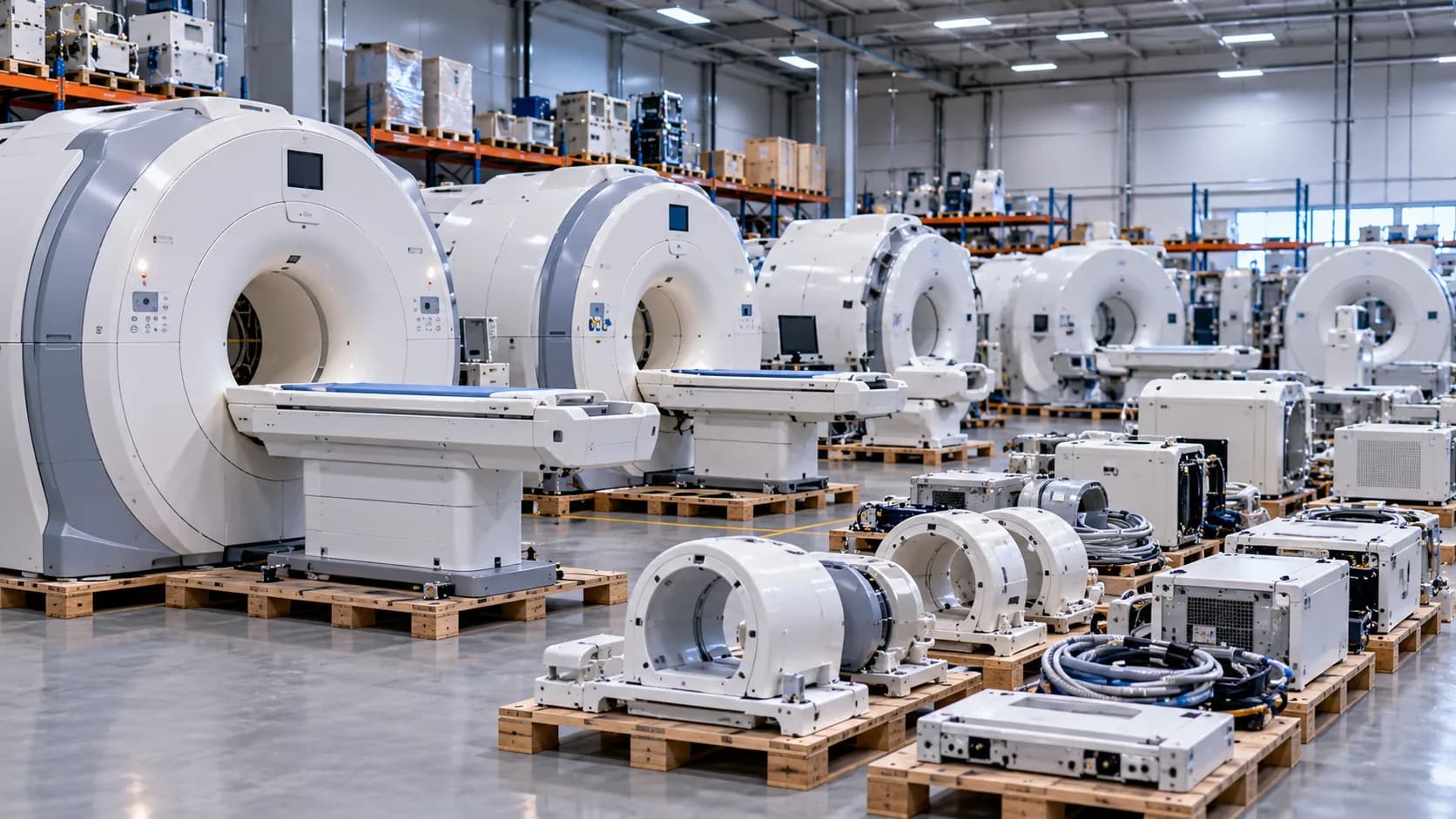 Used MRI scanners and components on pallets in a warehouse