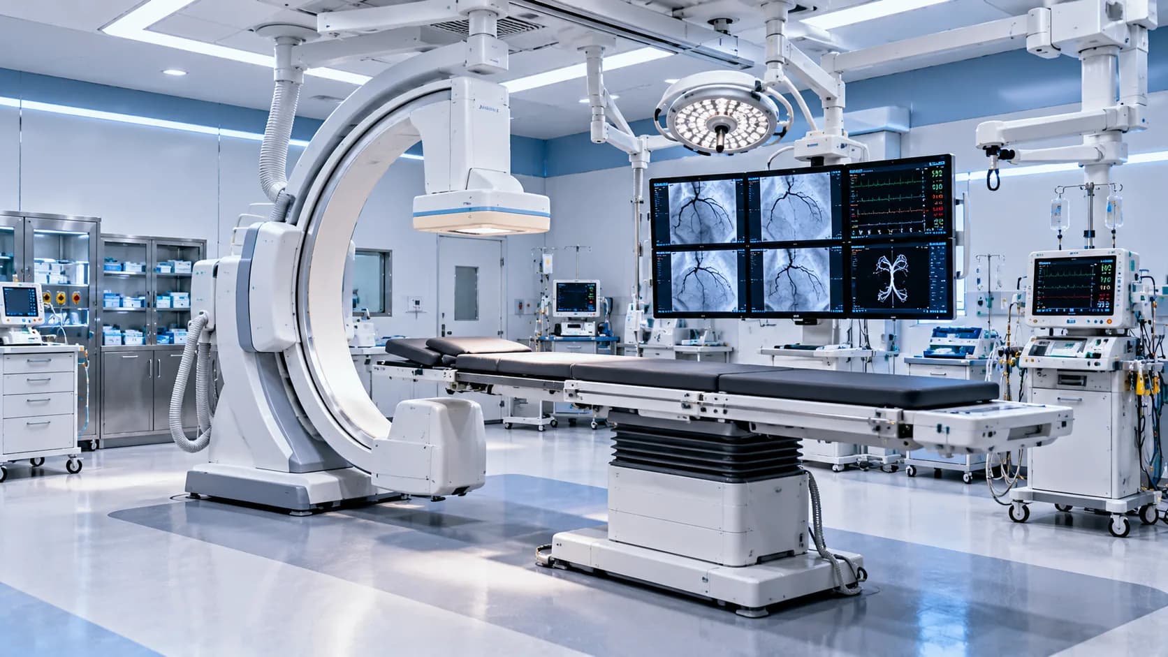 Cath lab with C-arm, patient table and monitors