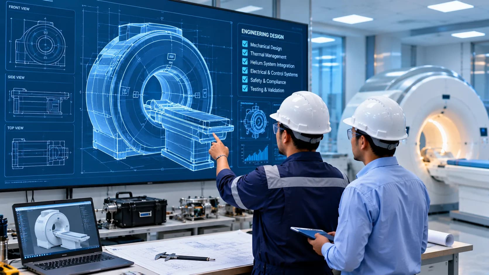 Engineers reviewing an MRI engineering design on a large screen