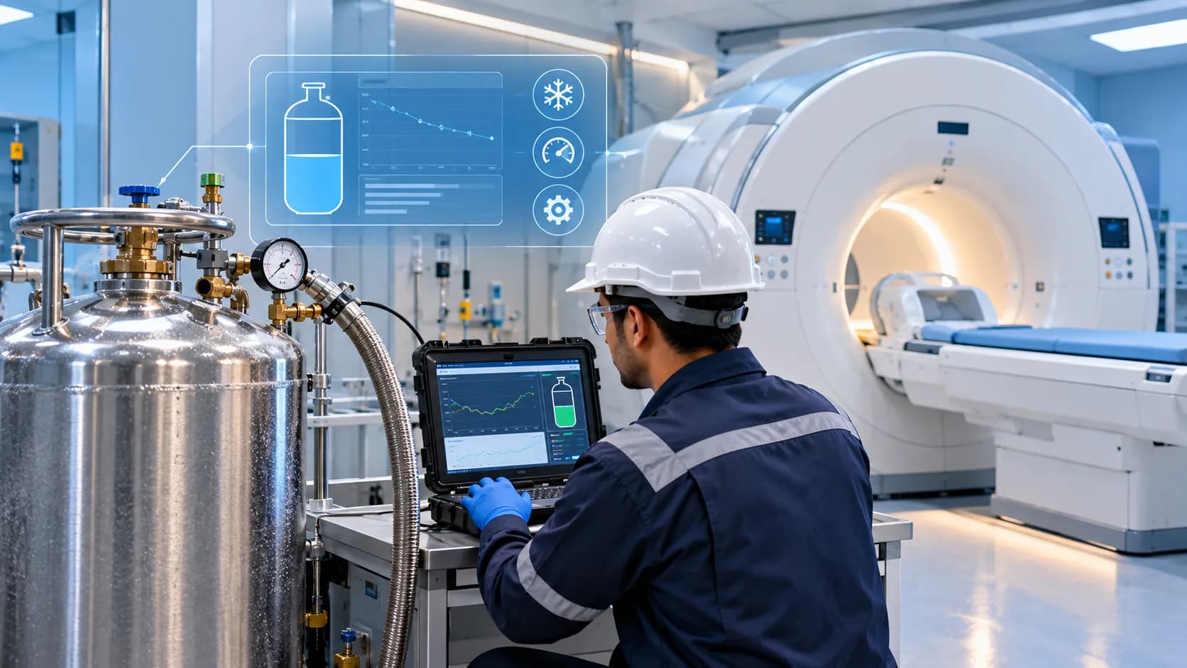 Engineer checking a liquid helium dewar before a fill