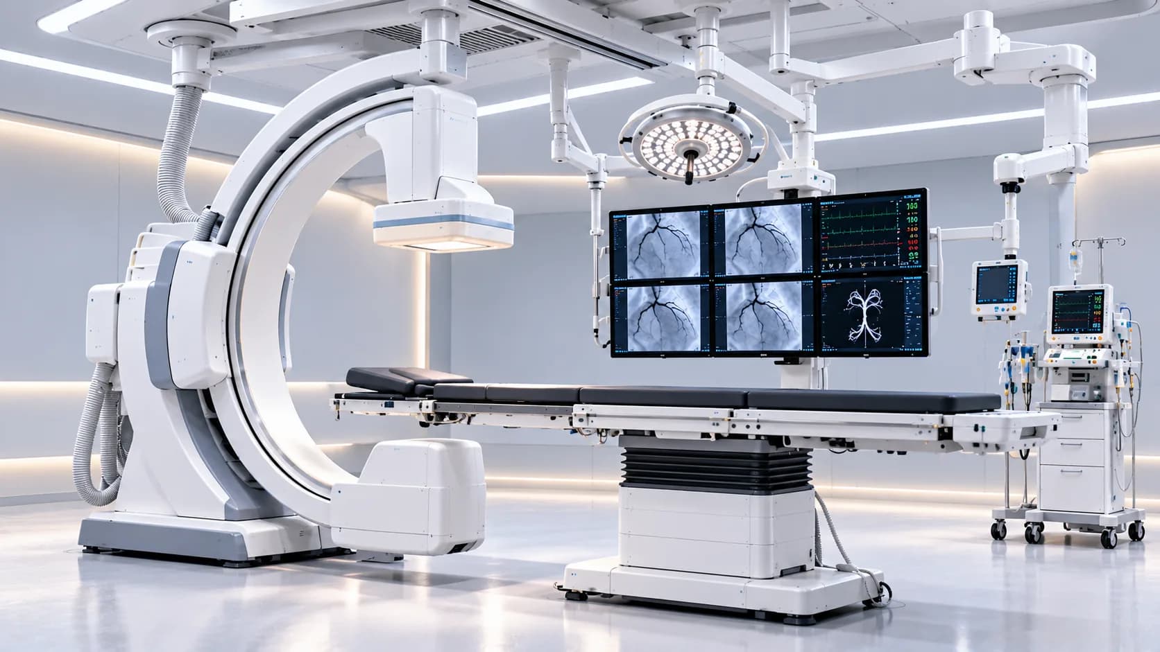 Cath lab system with C-arm and monitors