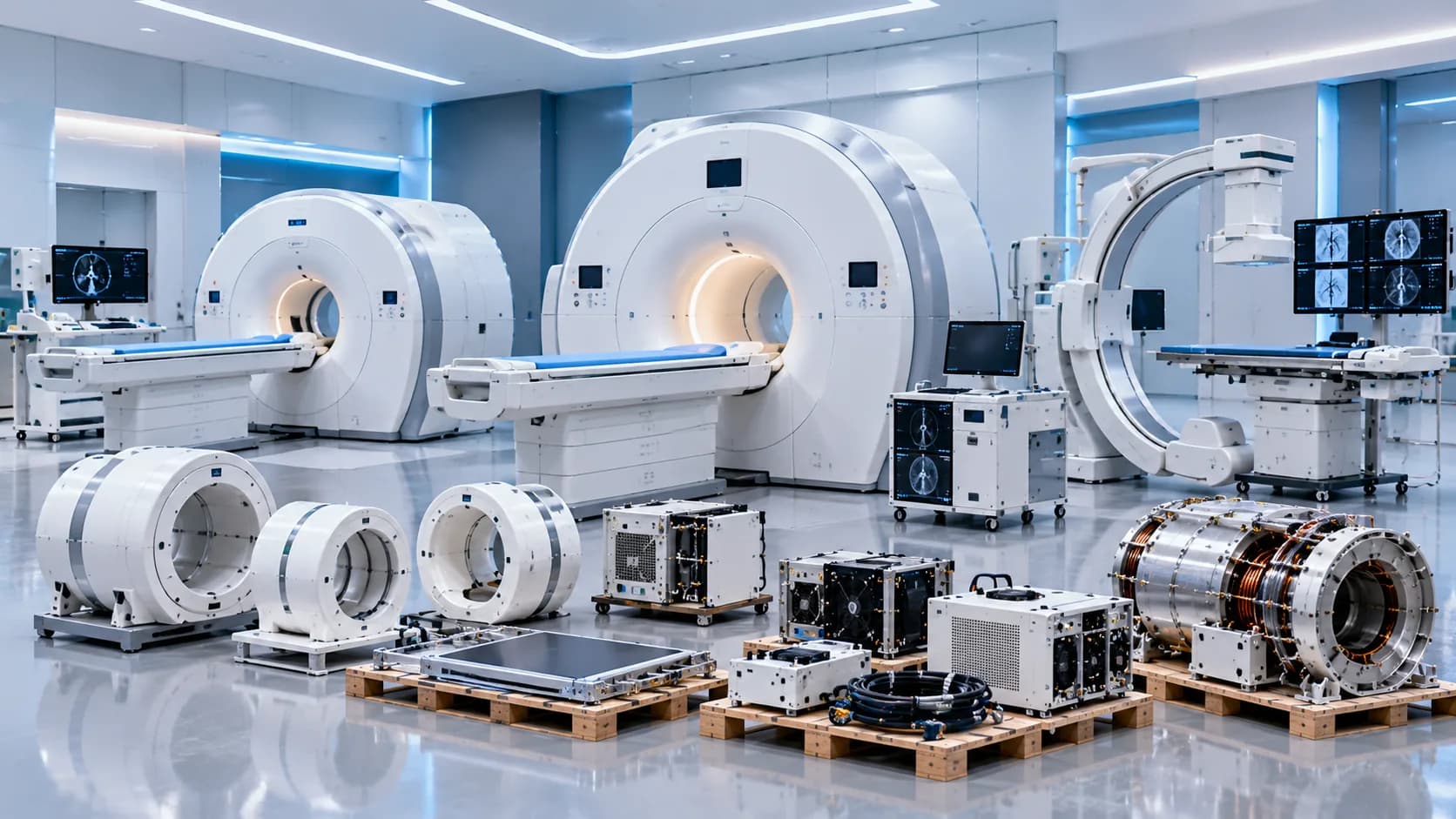 MRI, CT and cath lab equipment with components on pallets